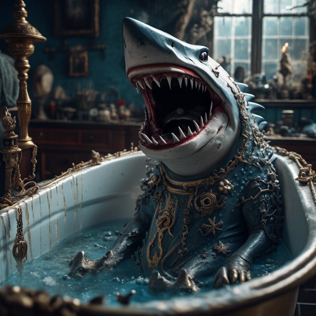 Scary Shark Portrait in Hyperreal Style Bathtub