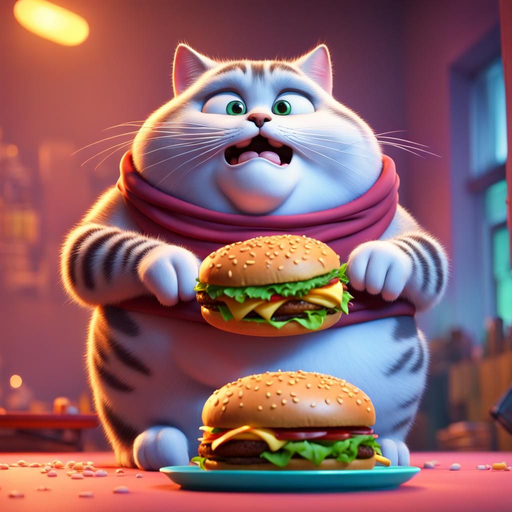 Fat Cat Eats Hamburger: 3D Digital Art