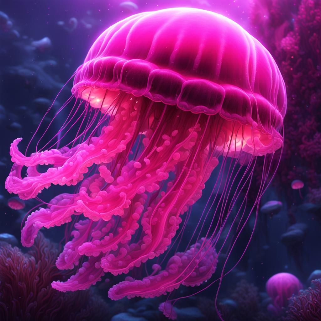 Pink Glowing Jellyfish in Detailed Matte Painting