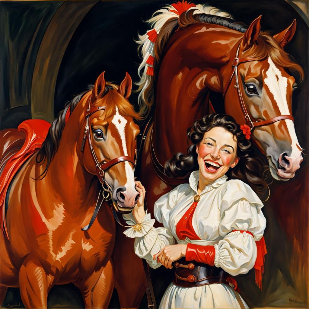 Horsewoman of Apocalypse on Red Horse with Faces