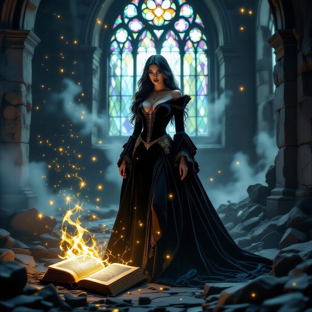 Dark Fantasy Enchantress in Misty Ruins