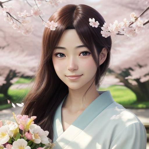 Anime Girl Portrait in Japanese Garden with Watercolor Textu...