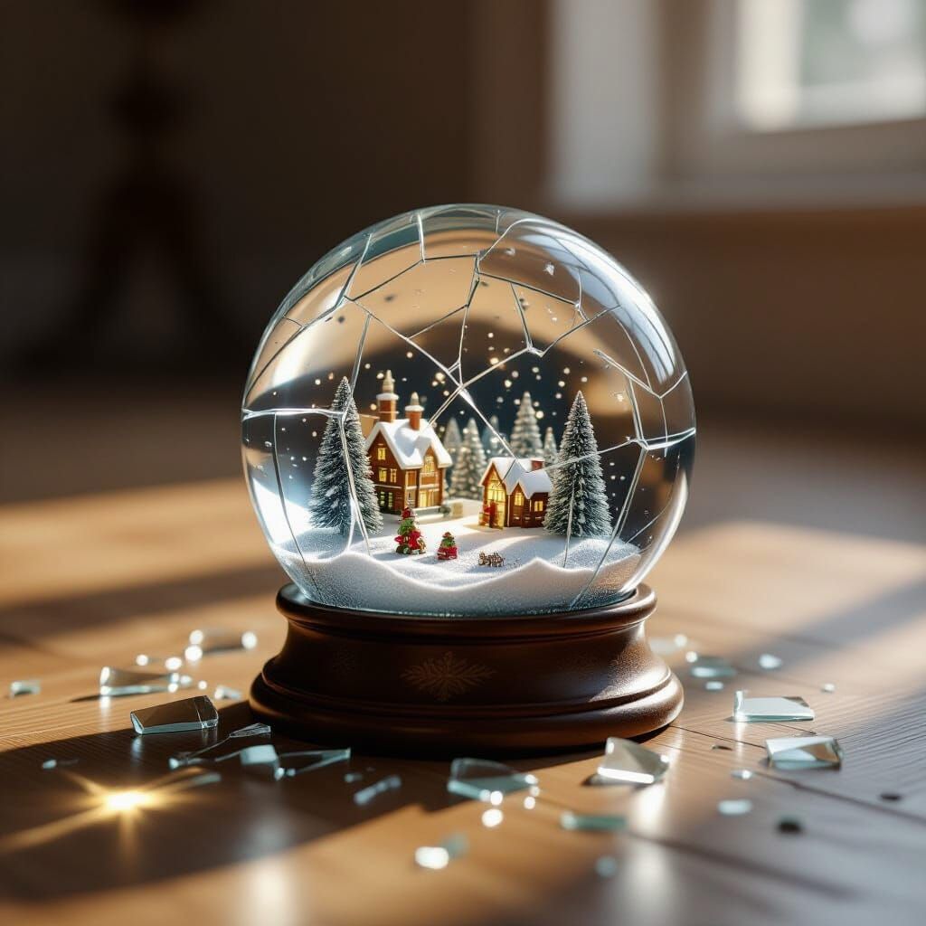 Broken Snow Globe on Wood Floor Realistic Photo