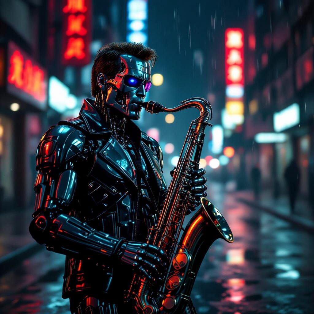 Terminator Plays Saxophone in Dystopian Cyberpunk City
