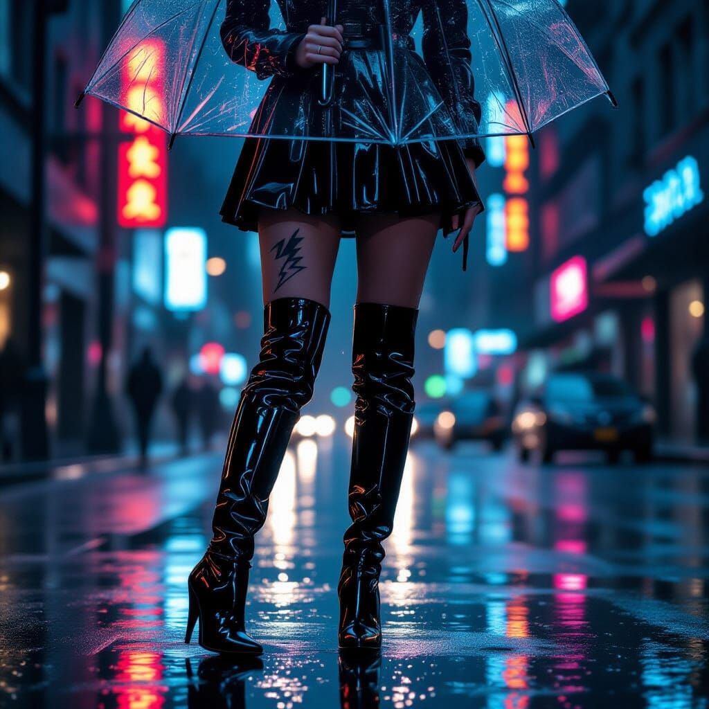 Rainy Night Scene with Woman in Thigh-High Boots