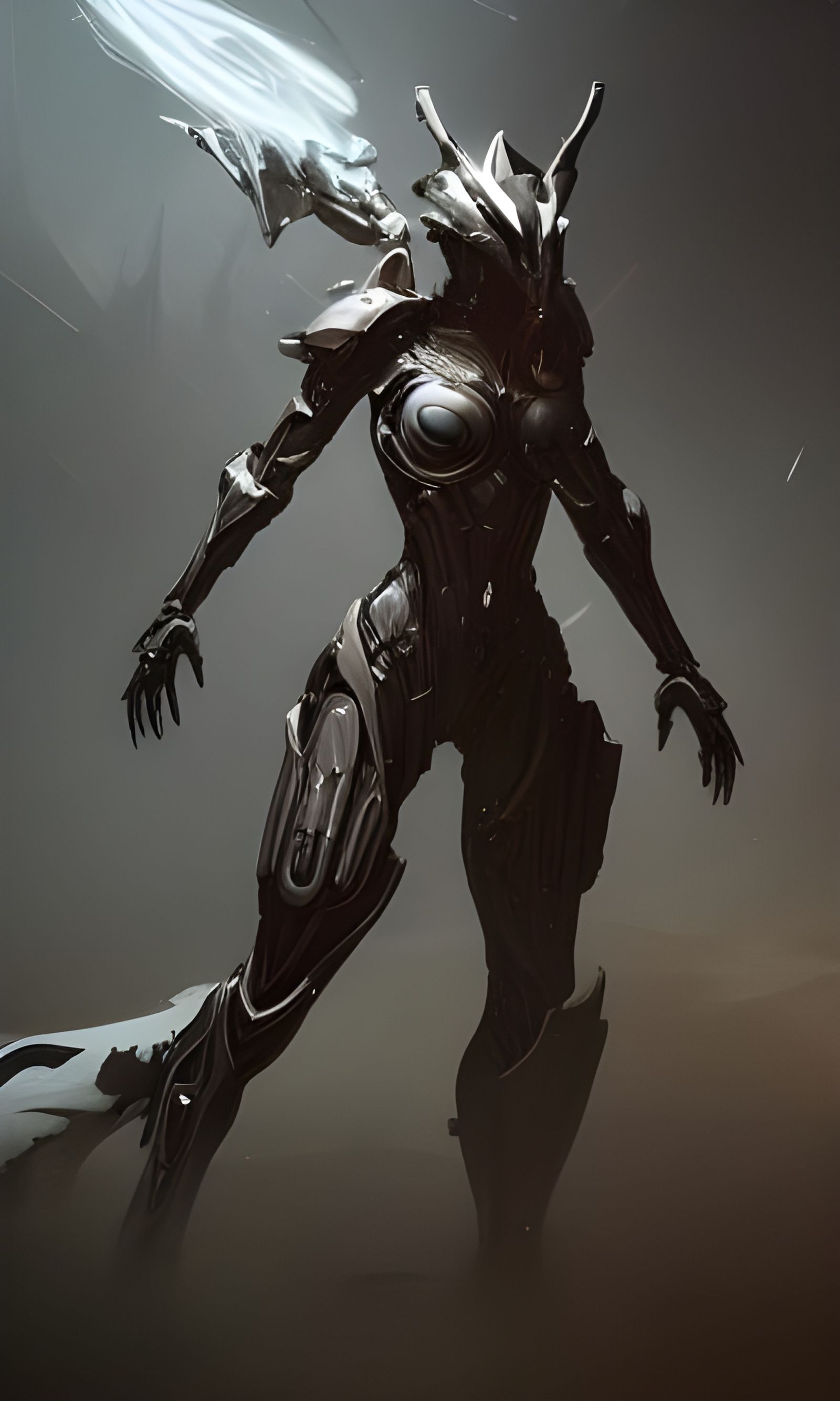 Biomechanical Warrior in Stormy Battlefield, Digital Illustr...