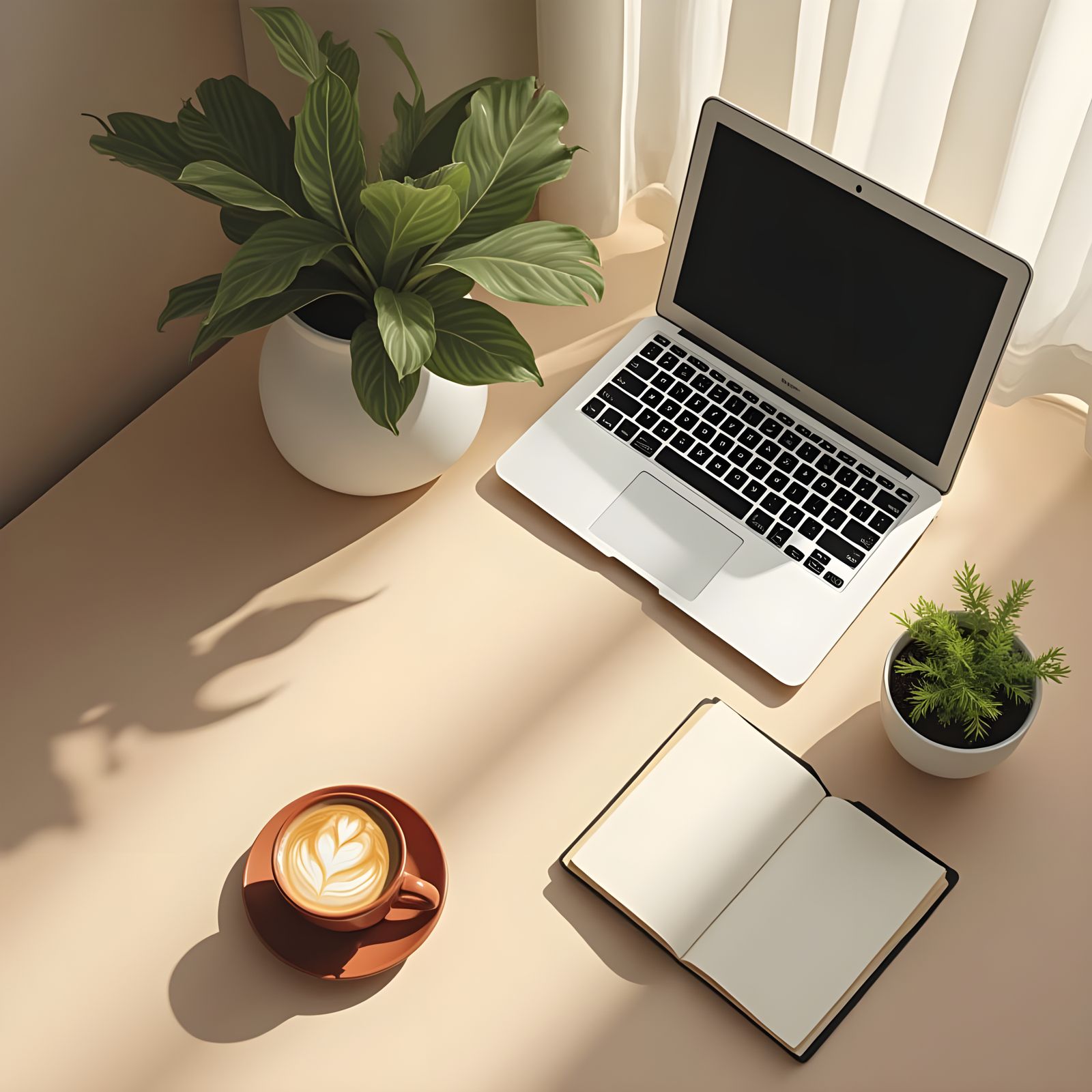Cozy Workspace Flat Lay with Laptop and Coffee