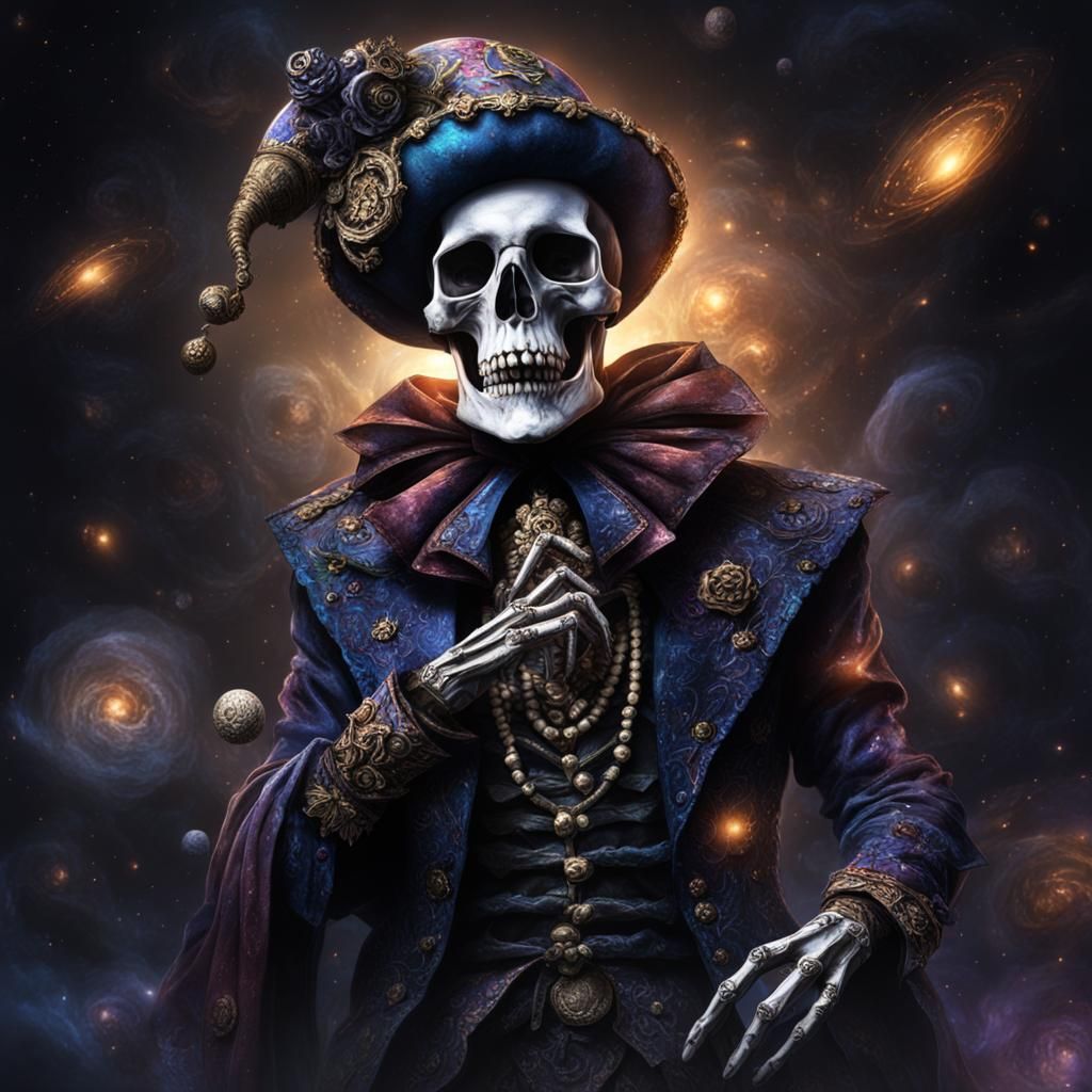 Jester Skeleton in Motley Outfit with Galaxy Background
