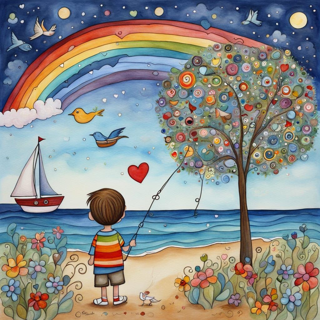 Cheerful Seaside Scene with Decorated Tree