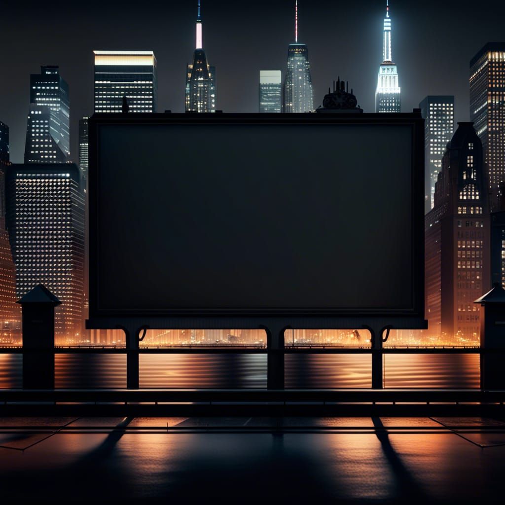Blank Billboard Over New York City Skyline at Night