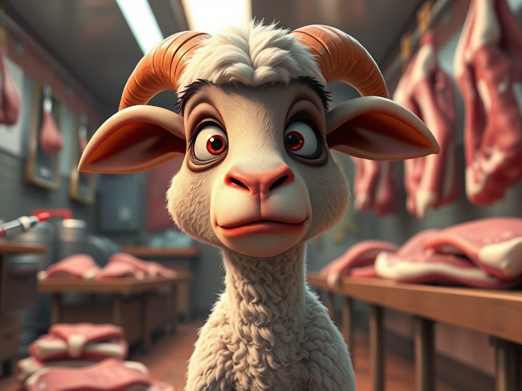 Terrified Lamb in Butcher Shop: 3D CGI Comic Art