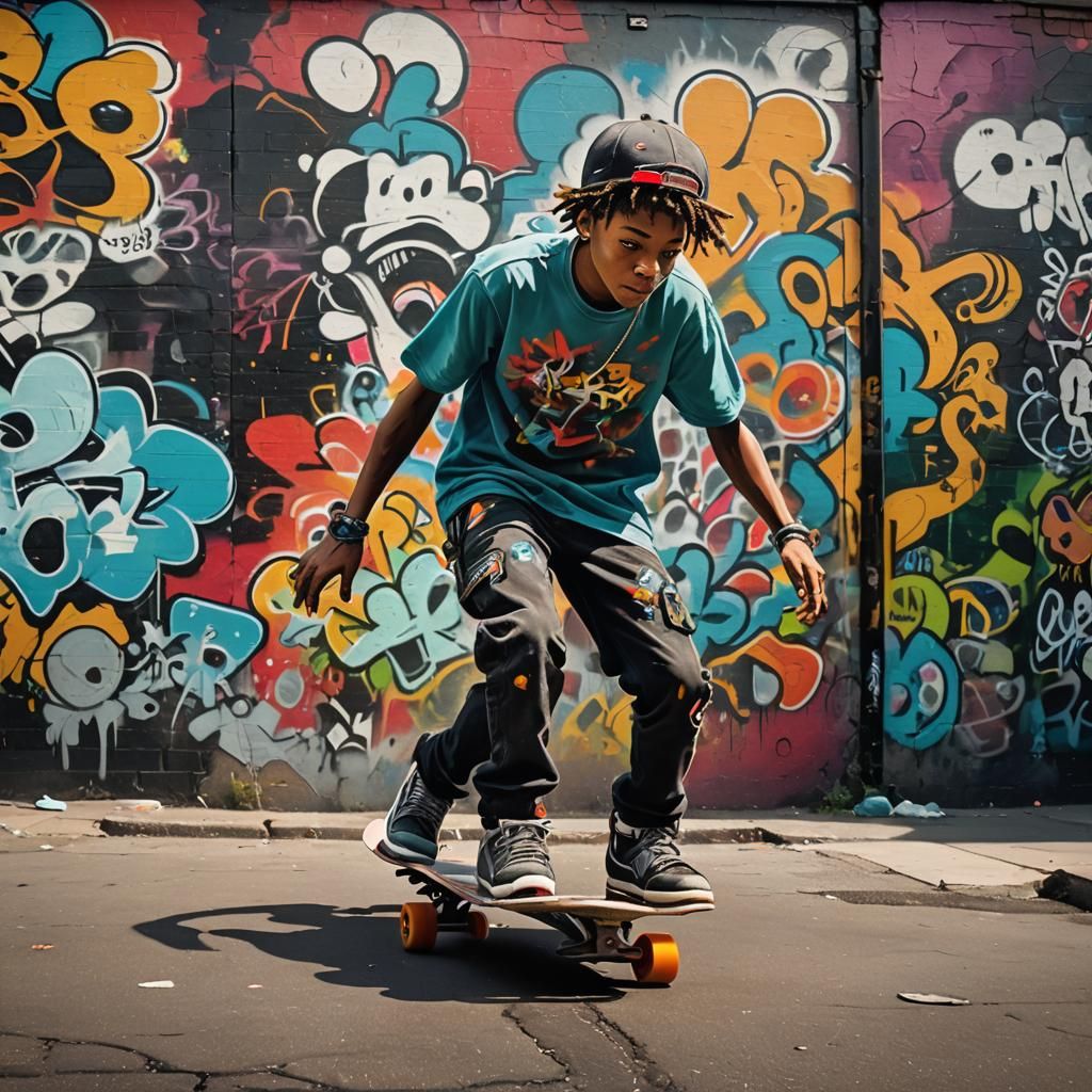 Boy Skating in Vibrant Street Art Style