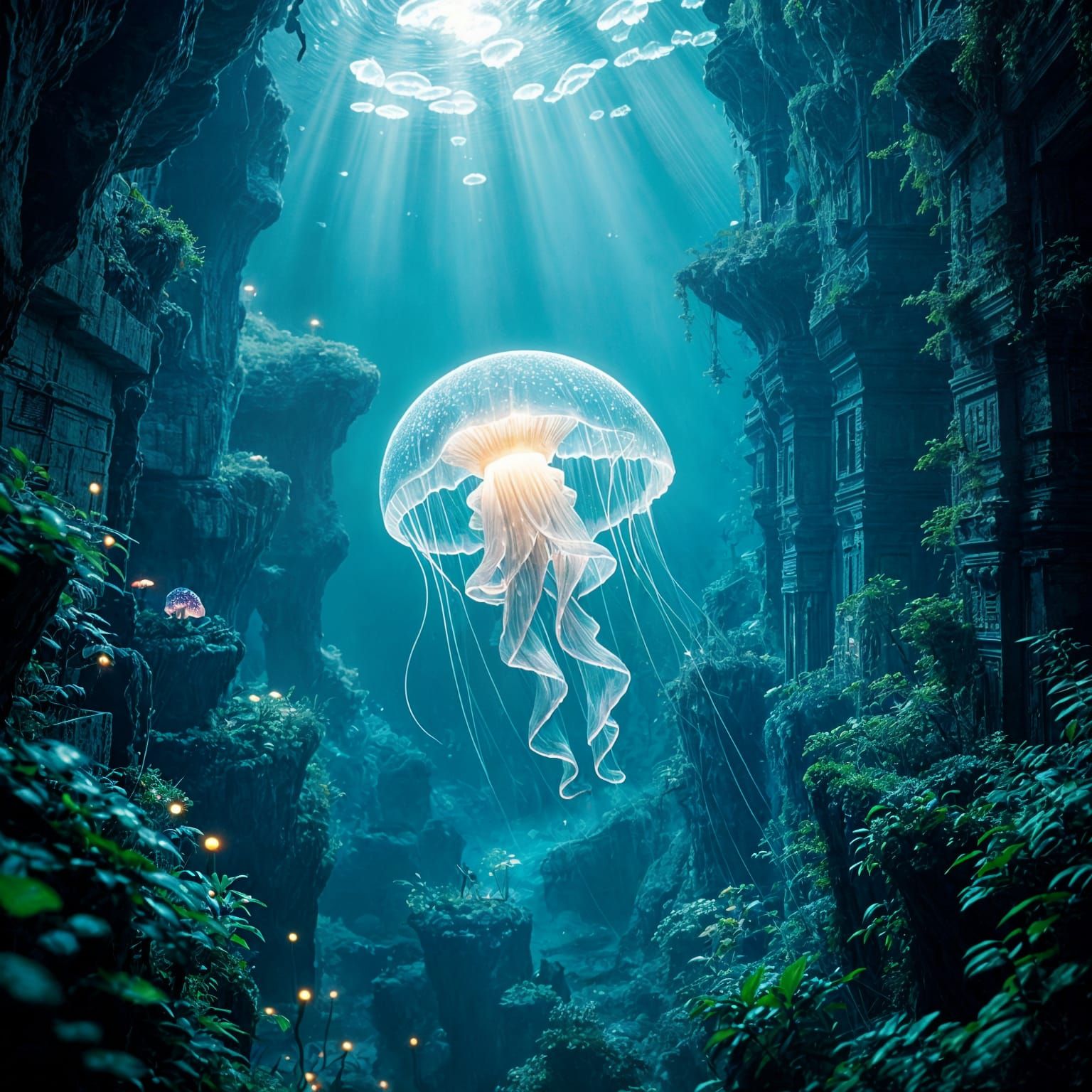 Bioluminescent Jellyfish in Ancient City Ruins