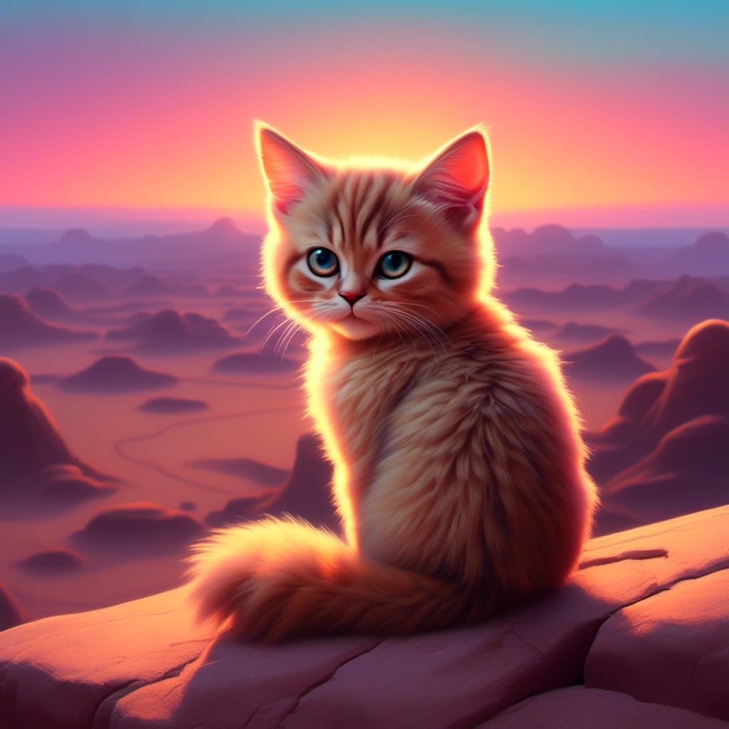 Grumpy Kitten at Desert Sunset: Oil Painting