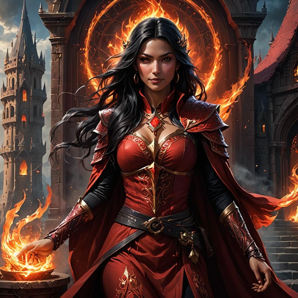 Sorceress with Fire Aura Preparing a Spell