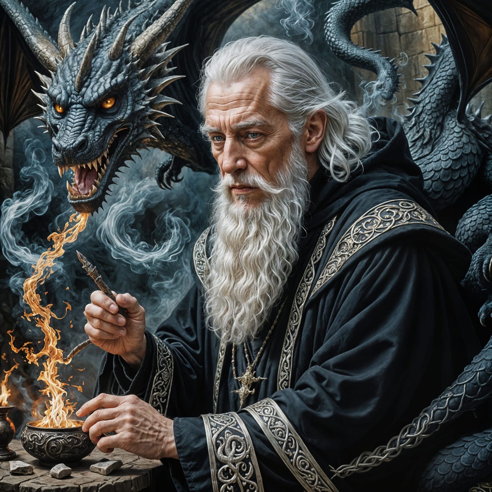 Mystic Wizard Sedates a Sleeping Dragon in Hyperrealistic Oi...