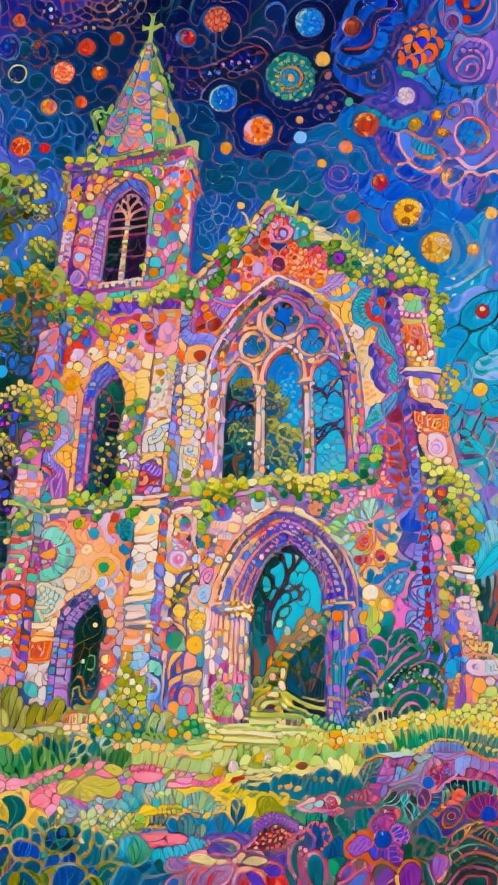 Pop Art Surrealism Ruined Church in Impasto Zentangle Style