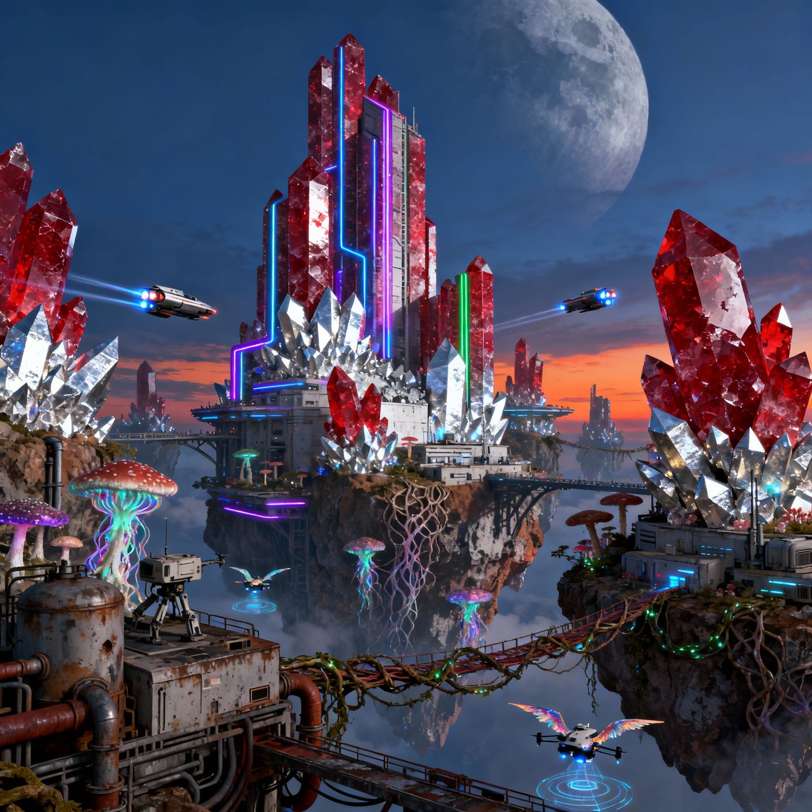 Fantastical Floating City of Ruby and Silver Crystals