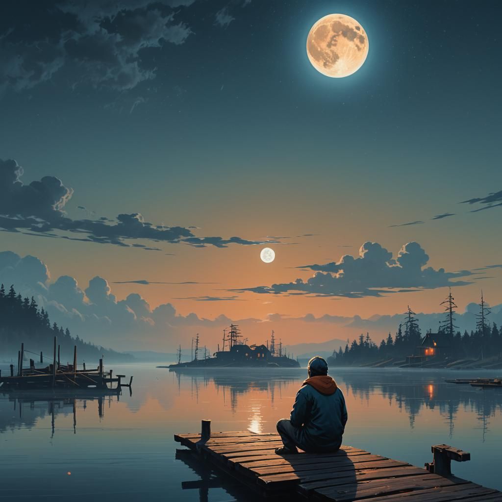Figure on Dock Under Moonlight: Fantasy Concept Art