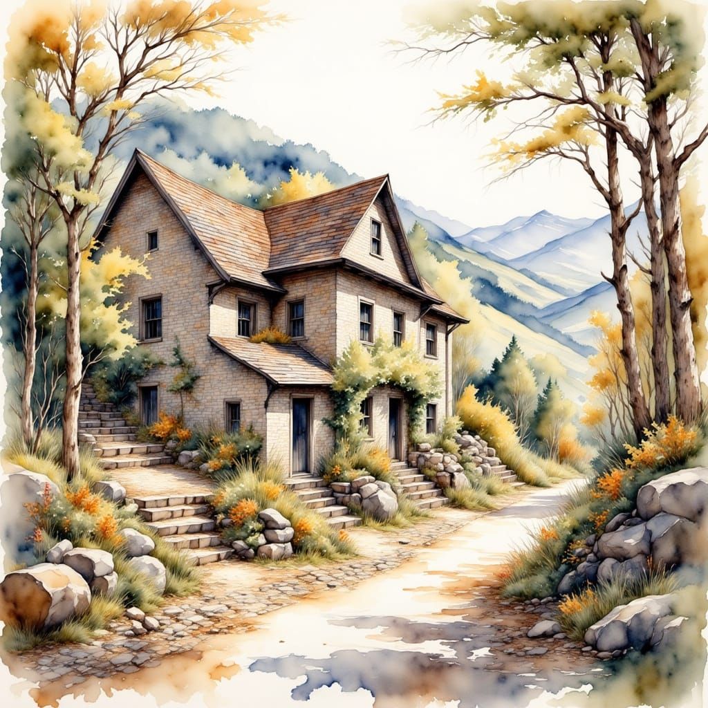 Appalachian Stone House Village in Early 1900s Watercolor