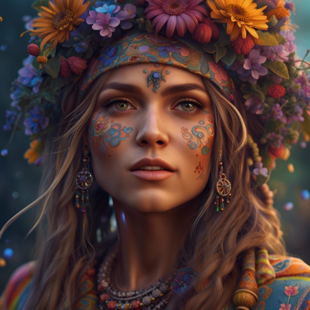 Beautiful Hippie Girl in Detailed Matte Painting