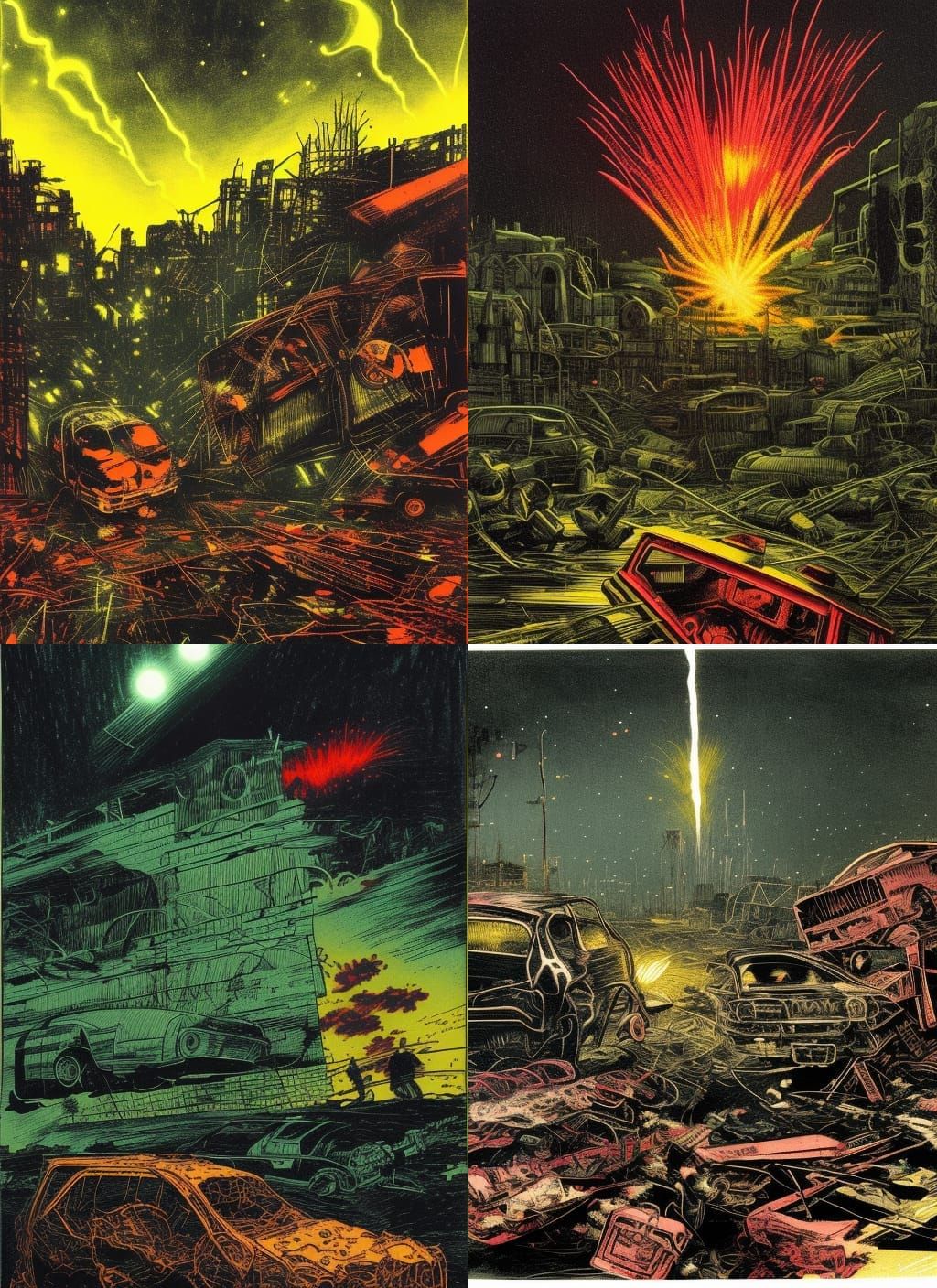 Dystopian Wasteland Fireworks in Copper Engraving Style