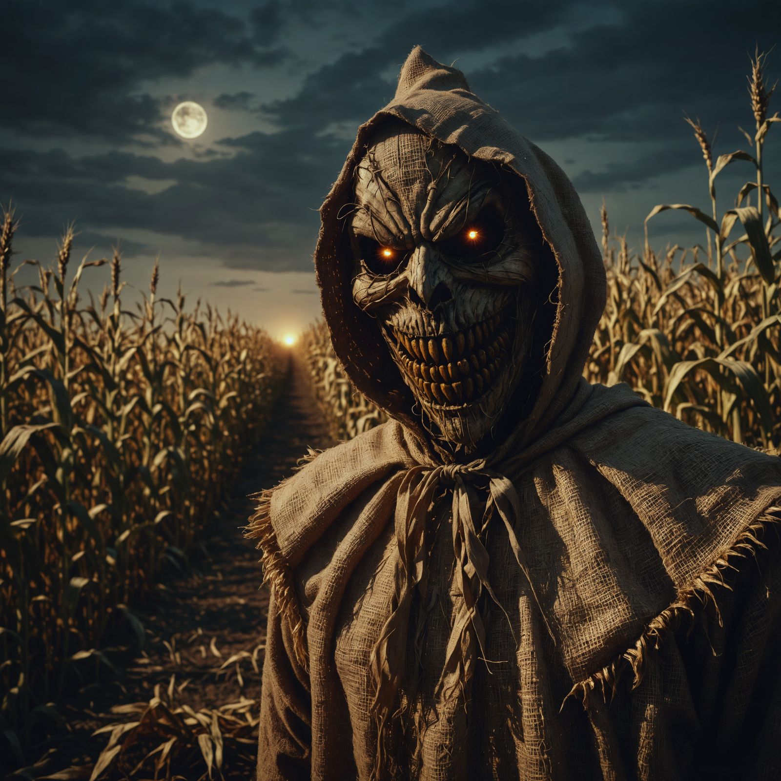 Horrifying Demonic Scarecrow in Spooky Cornfield