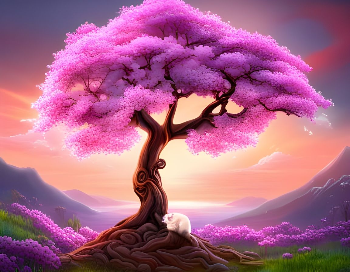 Cherry Blossom Bonsai with Kitten in Naturepunk Style