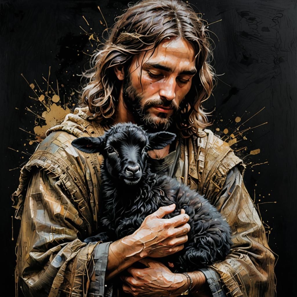 Jesus Holding Lamb: Stylized Portrait with Rich Textures