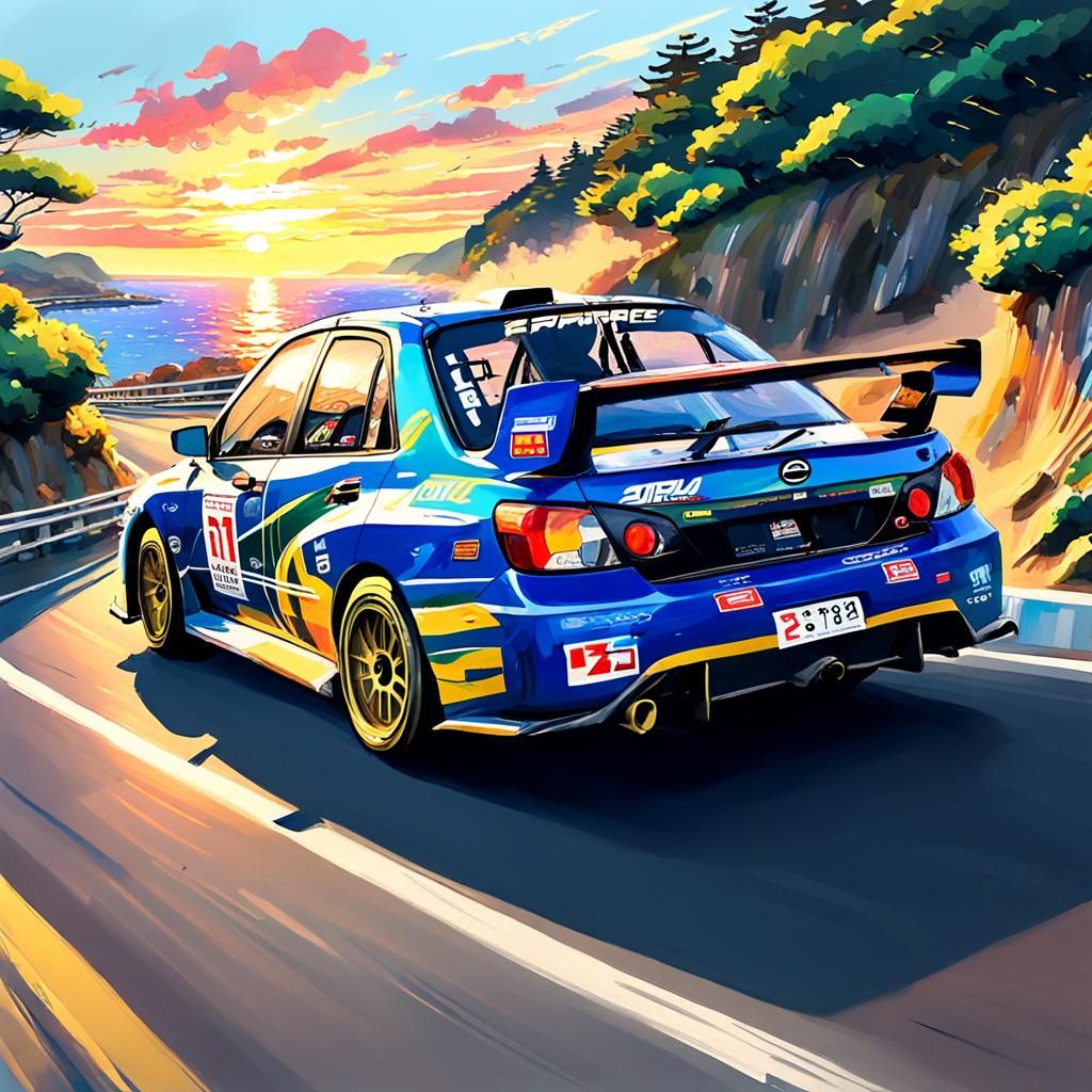 Japanese Race Cars at Sunset: Impressionist Gouache Painting