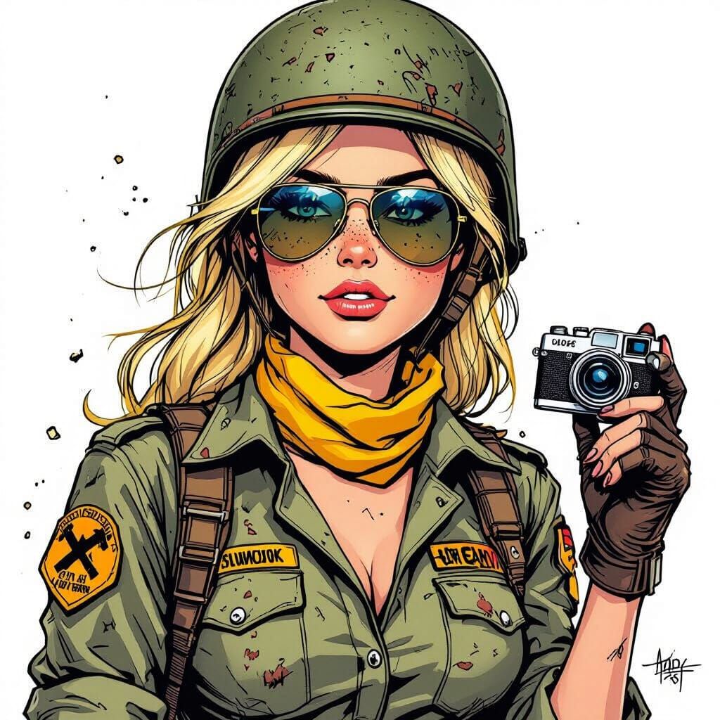 Comic Style Woman in Military Uniform with Camera