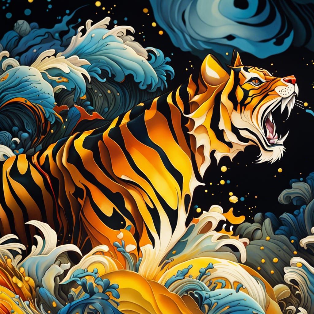 Melting Origami Tiger in Watercolor Style