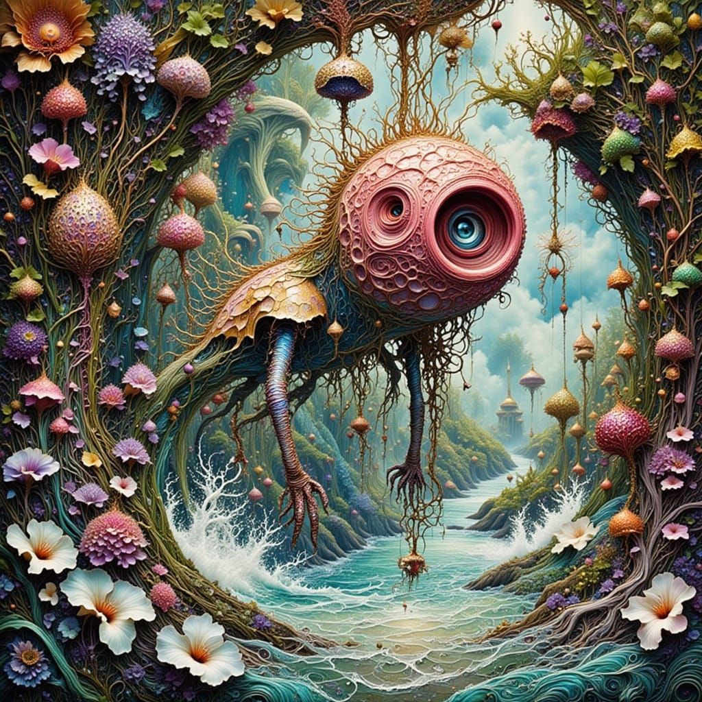 Surreal Monster Hybrid Over Wavy River