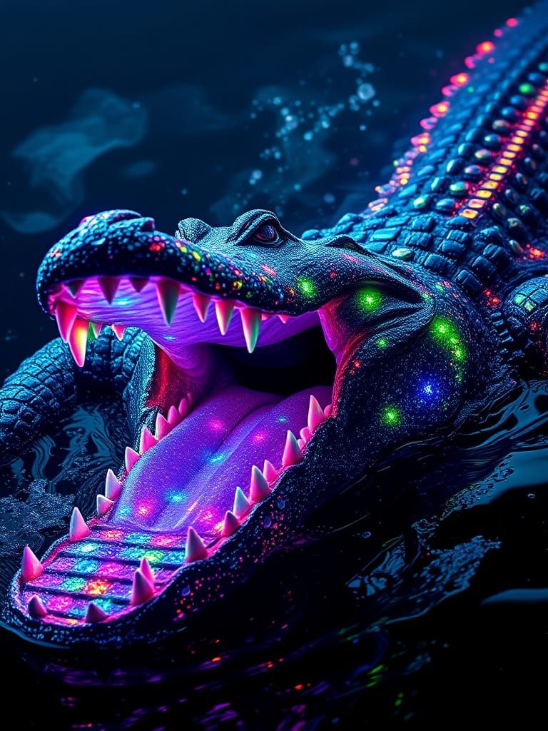 Glowing Alligator Emerges from Cosmic Blackness in Hyperreal...