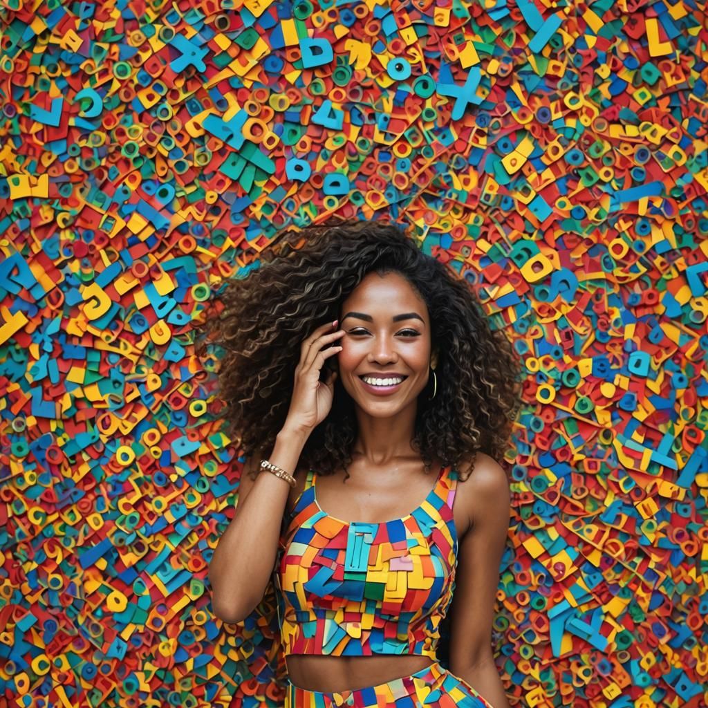 Vibrant Portrait of Caribbean Woman in Symmetrical Patterns
