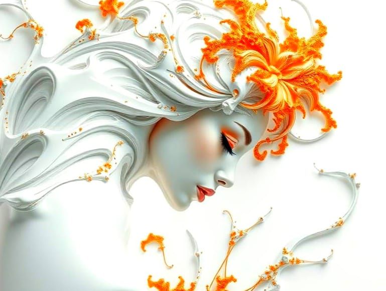 Fractal Surrealism of a Girl Merging with Liquid Chrome