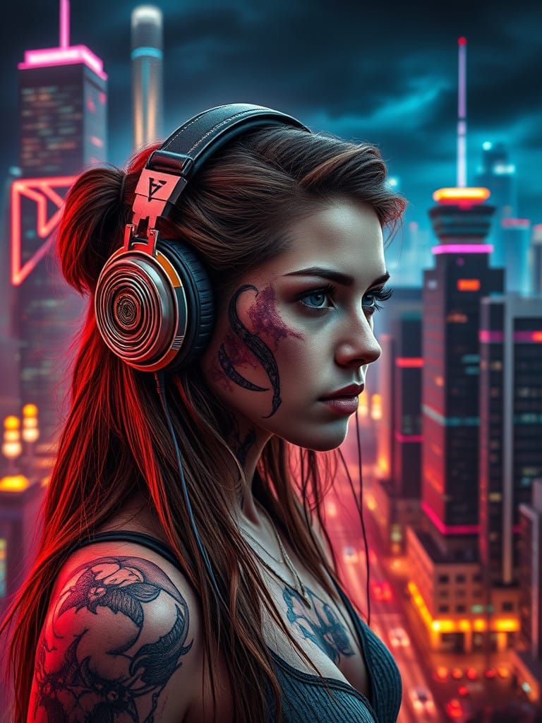 Epic Futuristic Cityscape with Woman in Heavy Metal Style