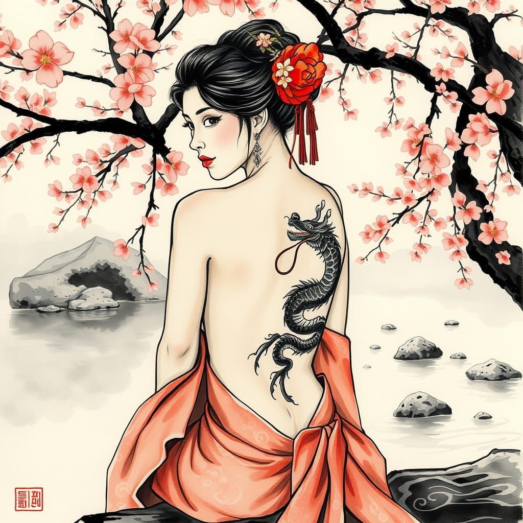 Classic Geisha Contemplation Under Cherry Blossoms