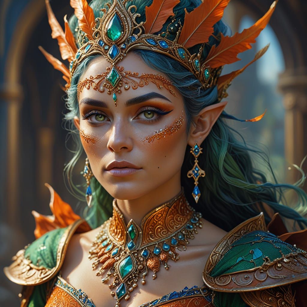 Regal Senescent Queen Elf in Elaborate Burnt-Orange Royal Ga...