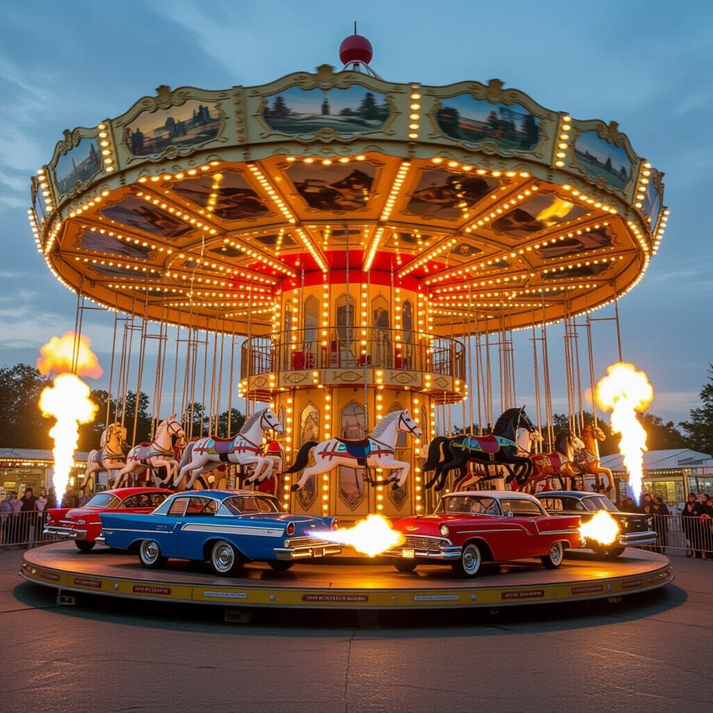 A massive carousel with American muscle cars instead of hors...