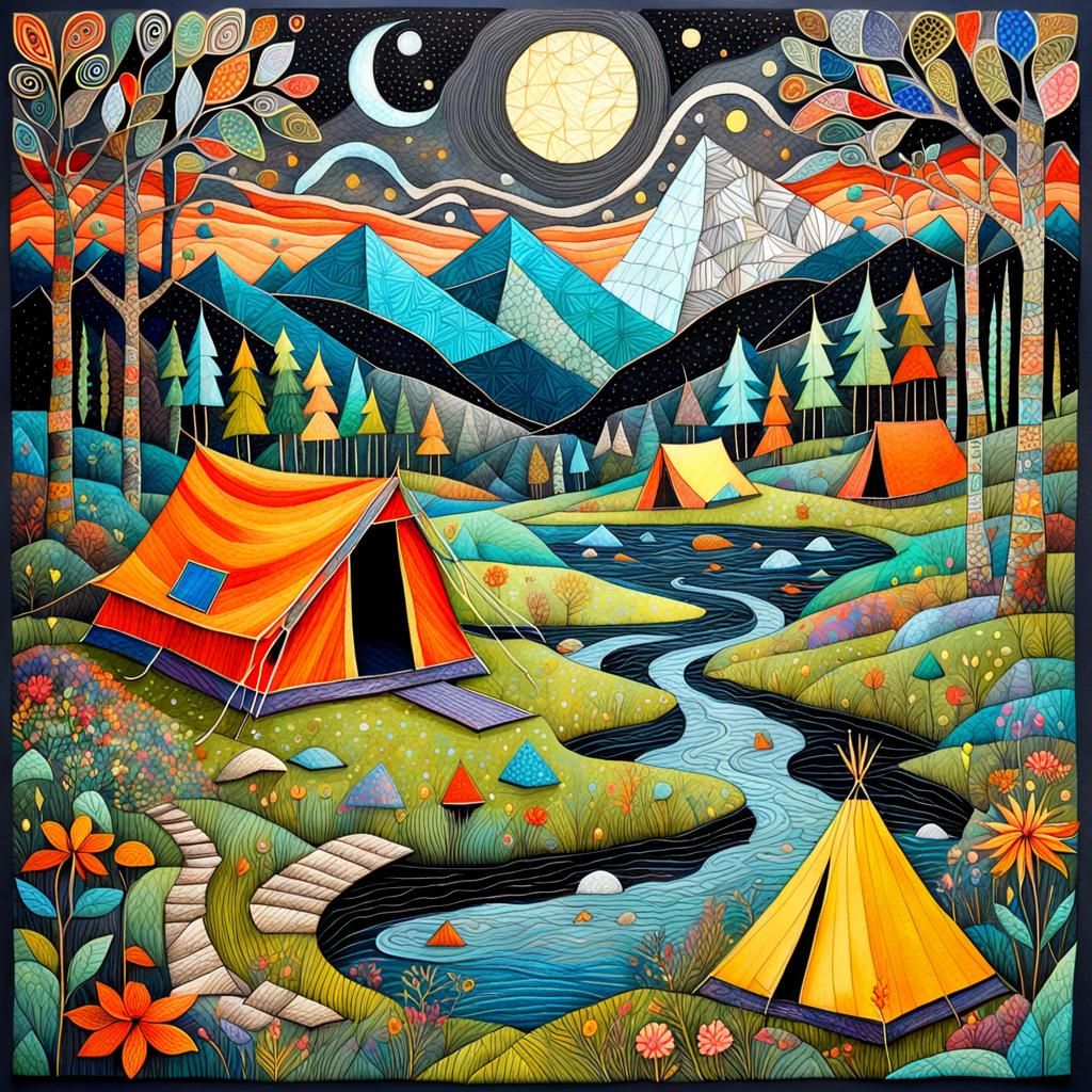 Colorful Whimsical Campsite in Mixed Media Style