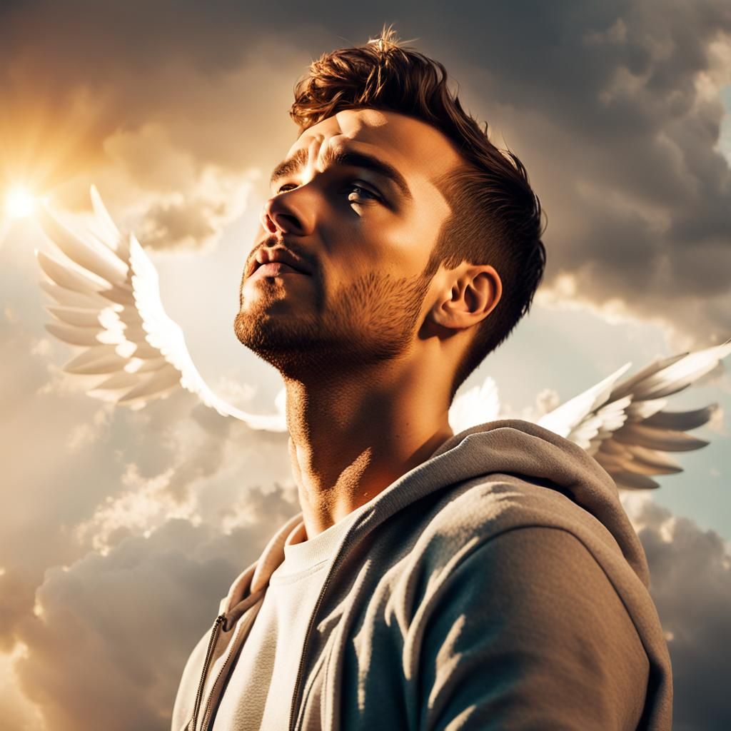 Ethereal Portrait: Man with Wings in Cloudy Sky
