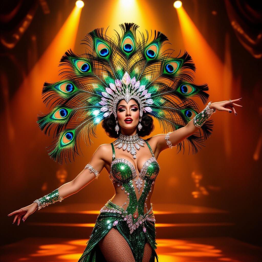 Glamorous Showgirl with Peacock Headdress, Digital Art