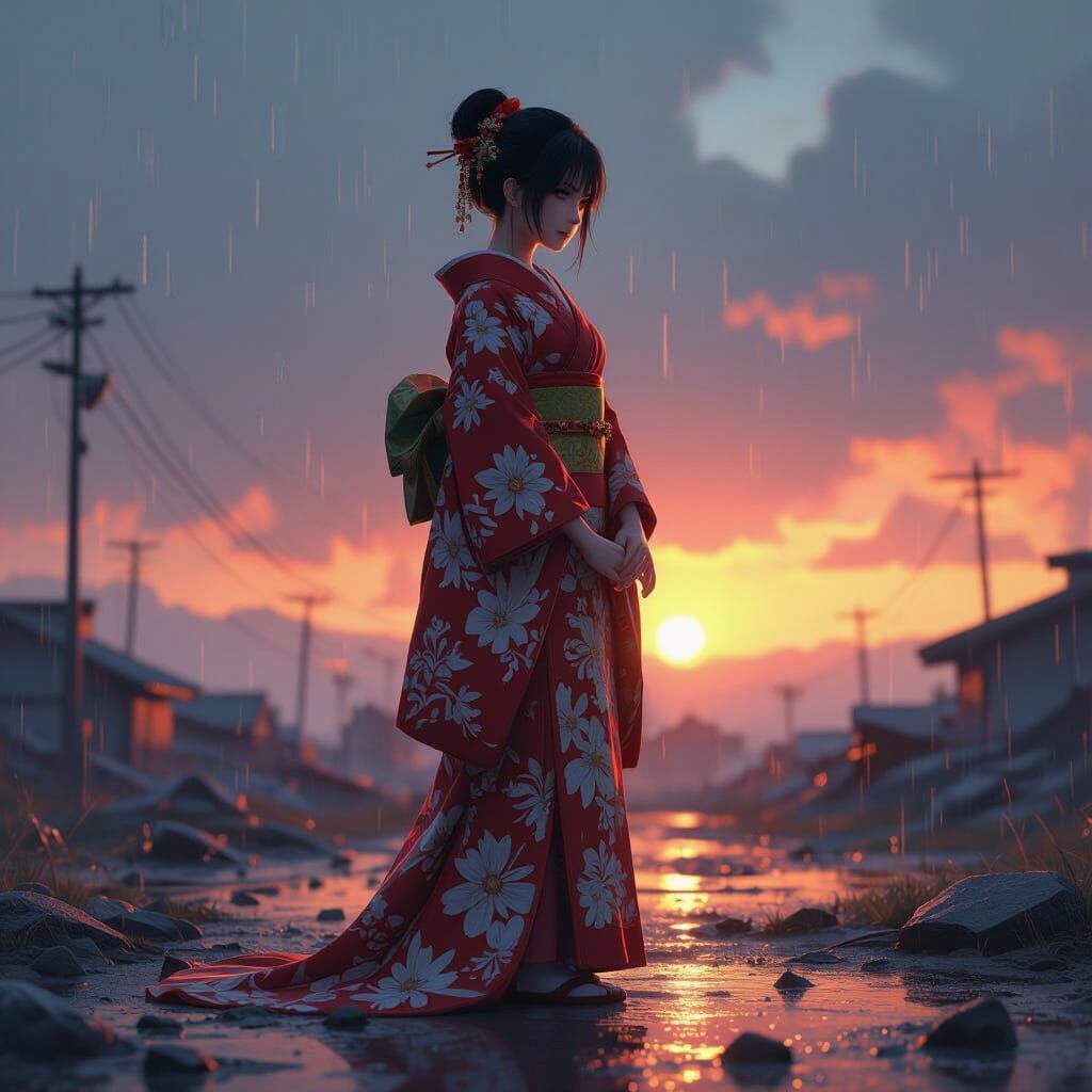 Sad Woman in Kimono on Battlefield in Rain
