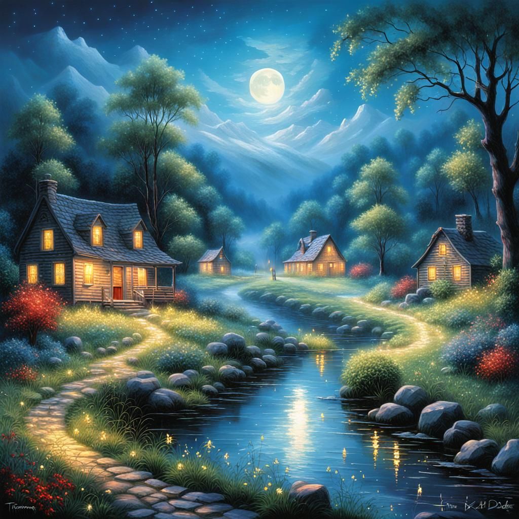 Moonlit Countryside Fireflies in Colorful Oil Paint