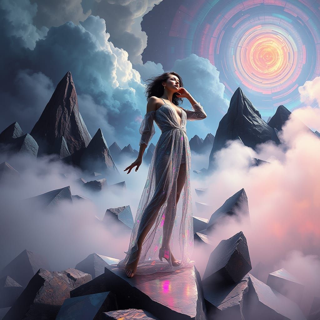 Crystalline Woman in Geometric Landscape, Cubist Style