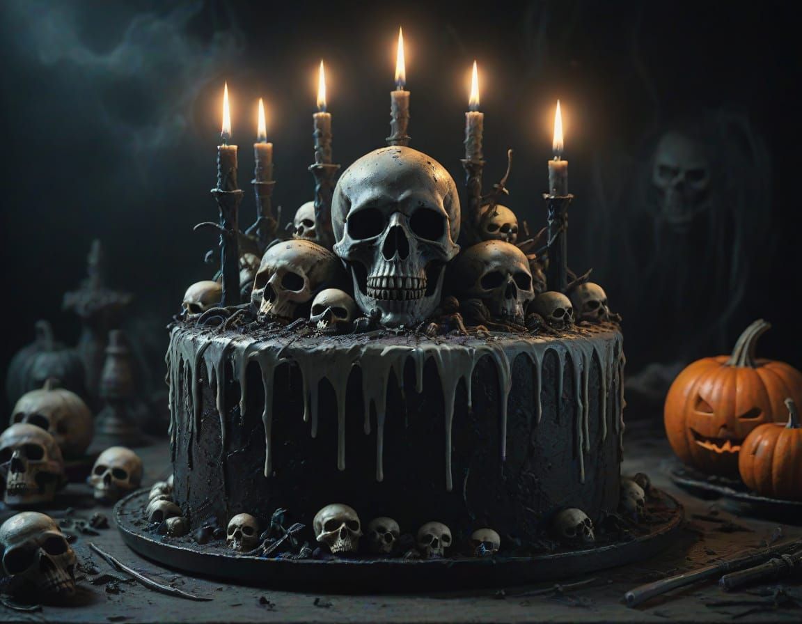 Macabre Halloween Cake in Gothic Oil Painting Style