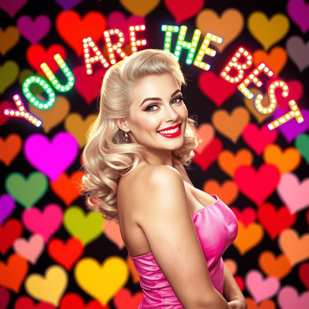 Retro Pin-Up Girl Surrounded by Hearts and Rainbow Letters