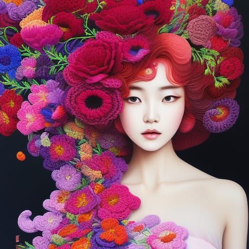 Woman in Crochet Dress with Surreal Ink Flow