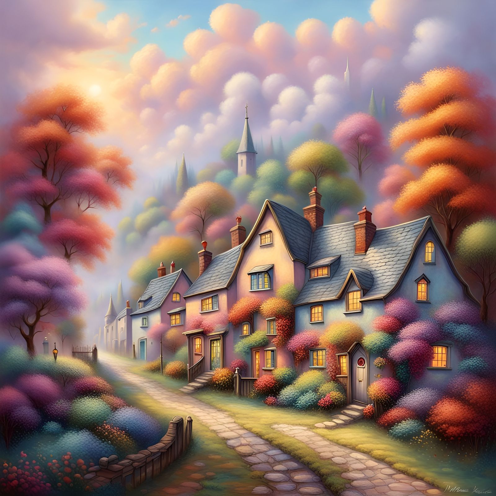 Fluffy Multi-Colored Village in Ethereal Fantasy Style
